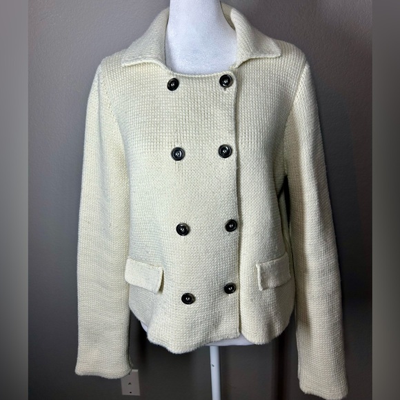 Zara Cream Double-Breasted Chunky Knit  Lapel Sweater Size L - Picture 2 of 11